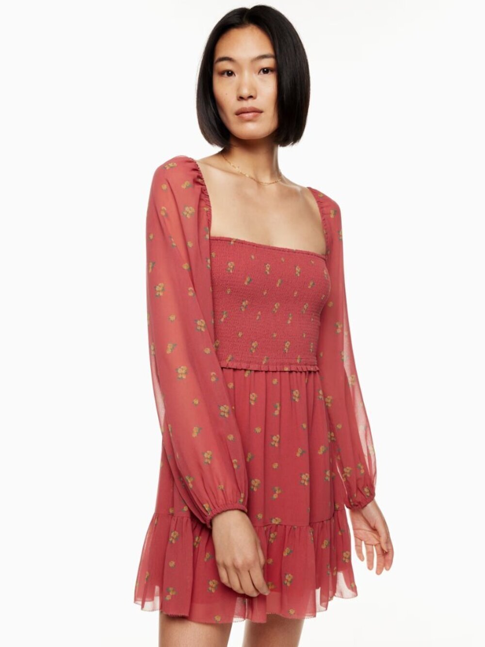 Aritzia Wilfred Tempest Mini Dress Smocked Chiffon Rosy Red Maplewood Sz Medium